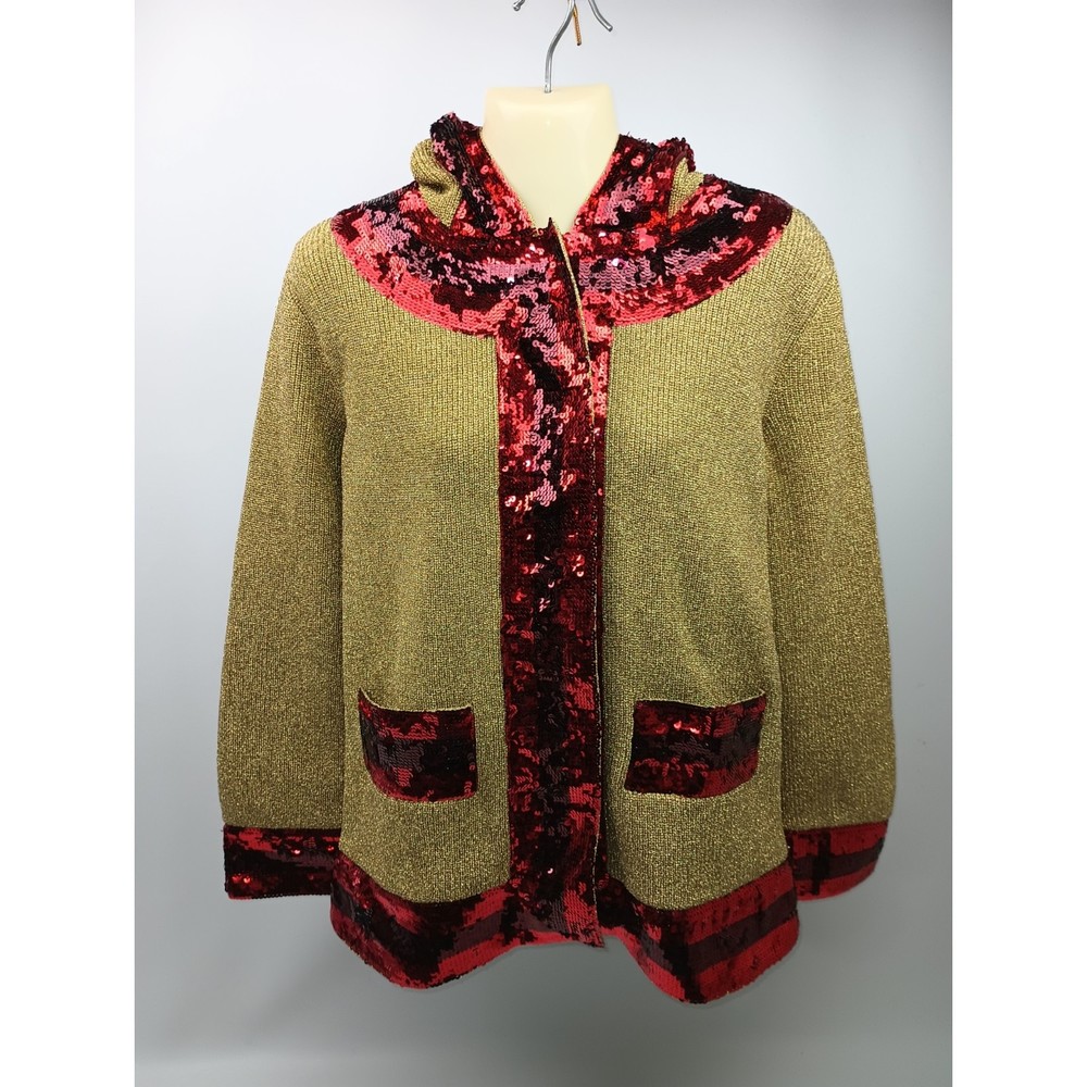 Gucci Women's Sequin Lurex Hooded Jacket Gold Red Size Small